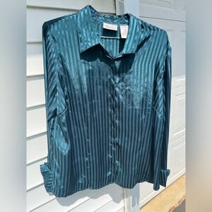 plus size teal striped silky button down blouse